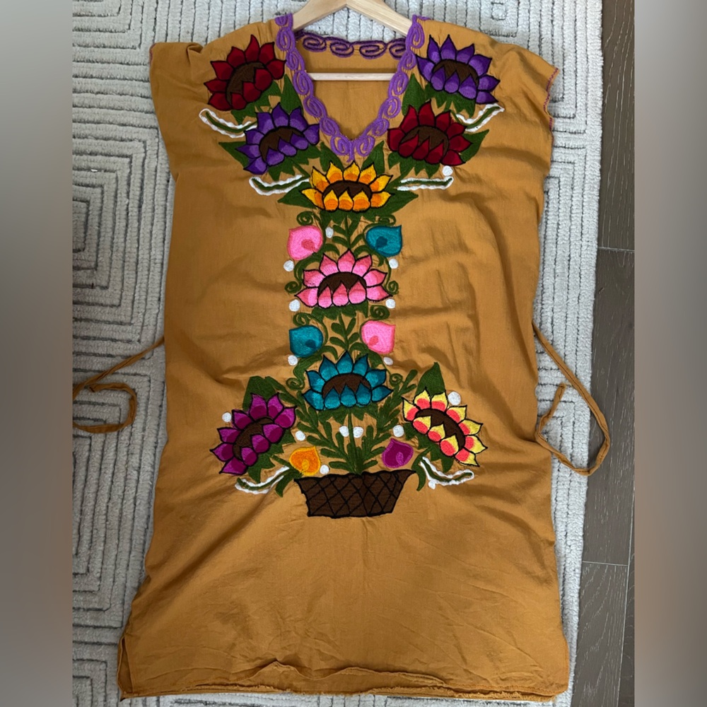 Mexican Embroidered Floral Tank Dress in Mustard with Multicolor Bloom